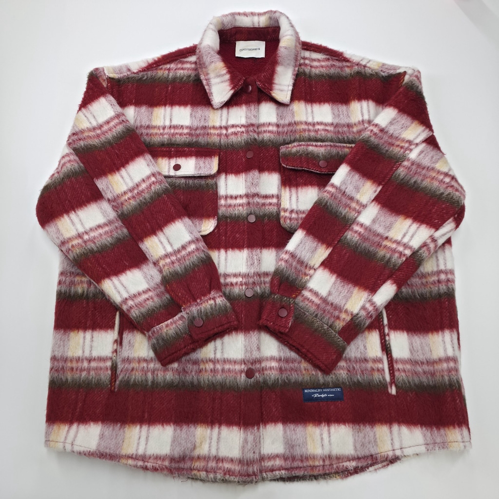 Minimalist Aesthetic Plaid Shirt Jacket Mens Large Red Fleece Lined Lifestyle - Picture 8 of 14